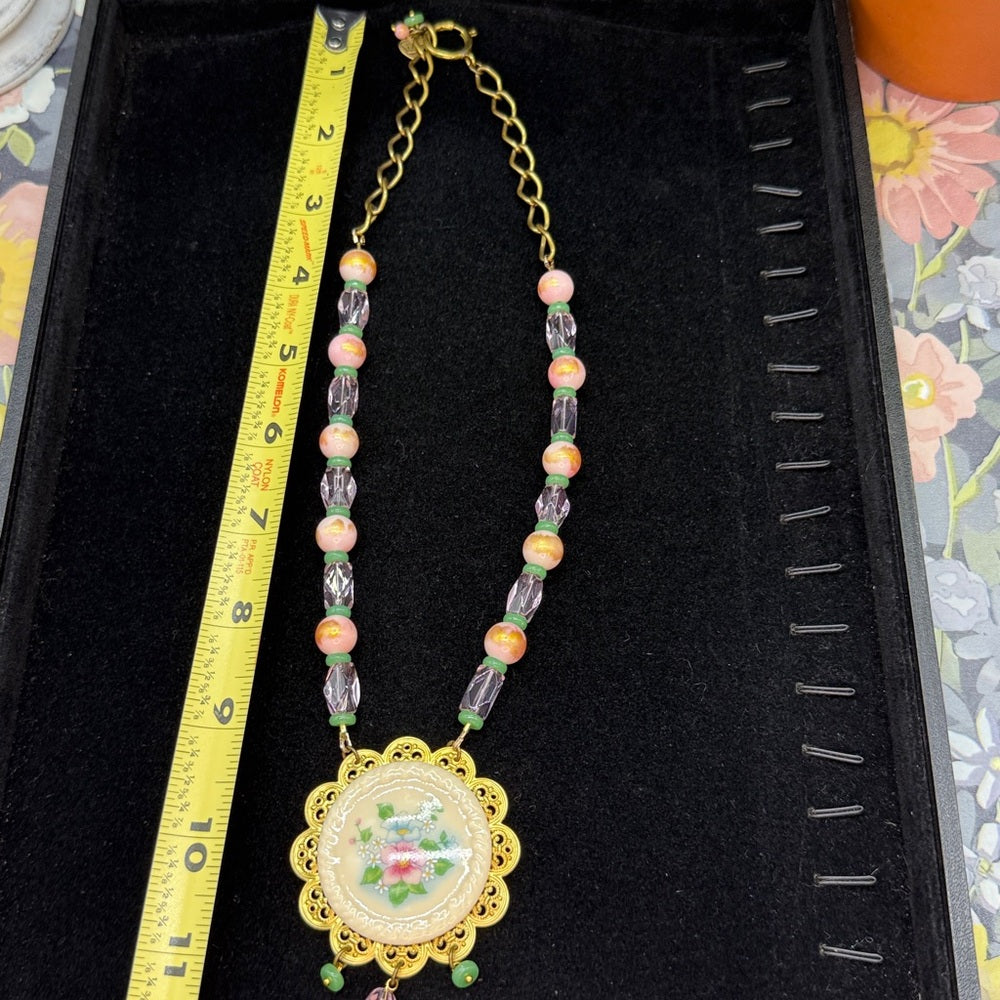 Adorned Crown Jewelry assemblage pink pastel floral ceramic pendant necklace