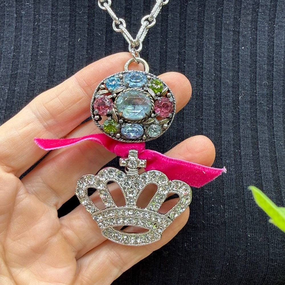 Adorned Crown Jewelry assemblage rhinestone crown pastel cluster necklace