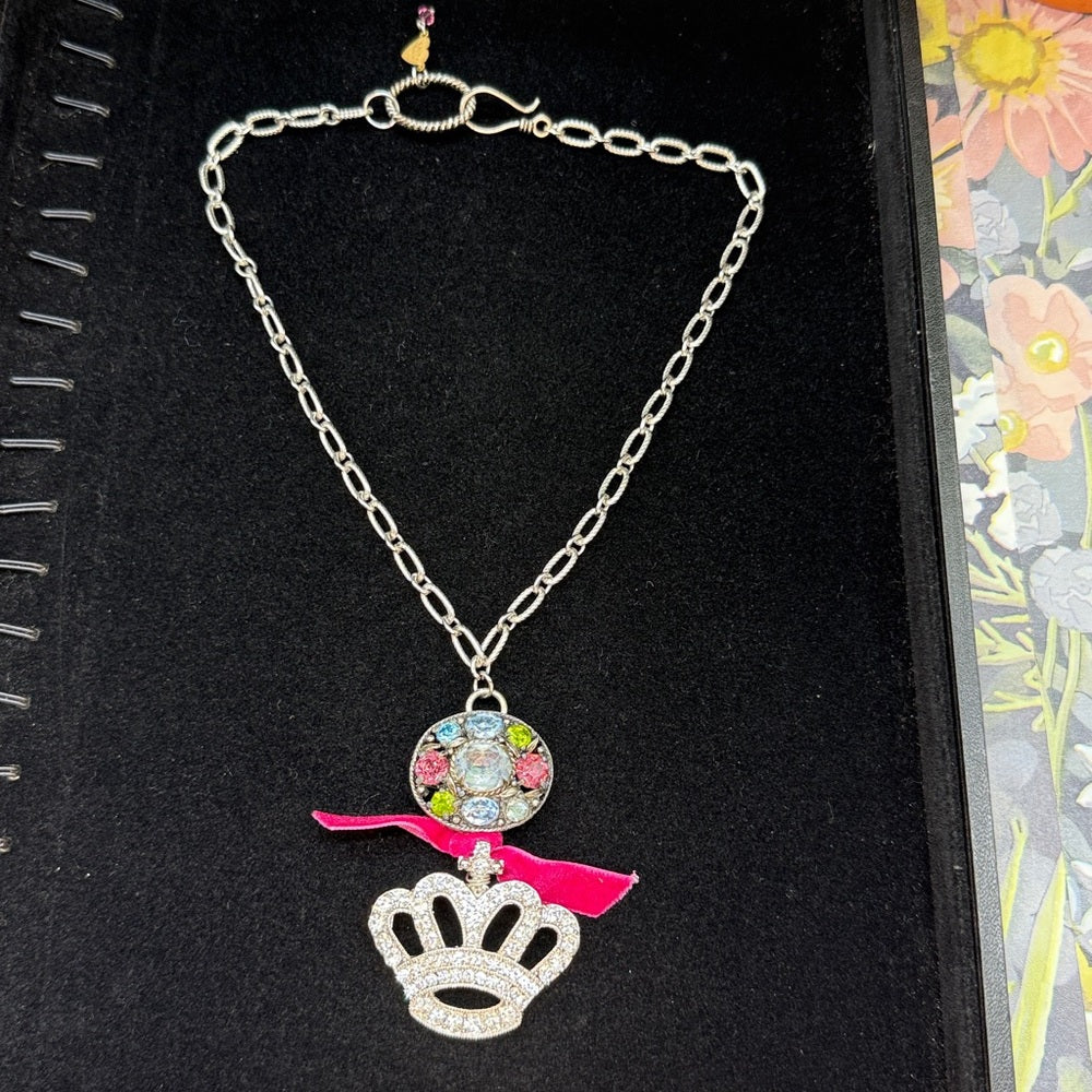 Adorned Crown Jewelry assemblage rhinestone crown pastel cluster necklace