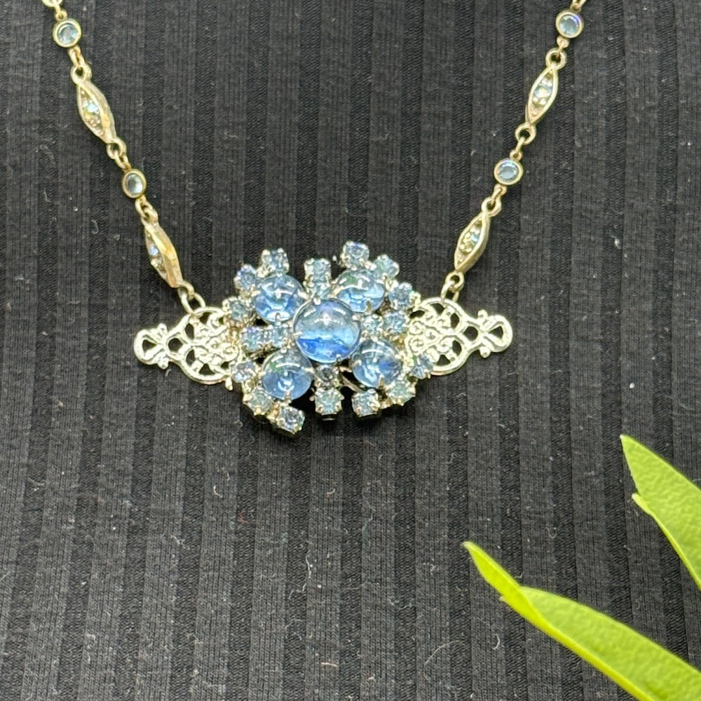 Adorned Crown Jewelry assemblage rhinestone blue cluster filigree necklace