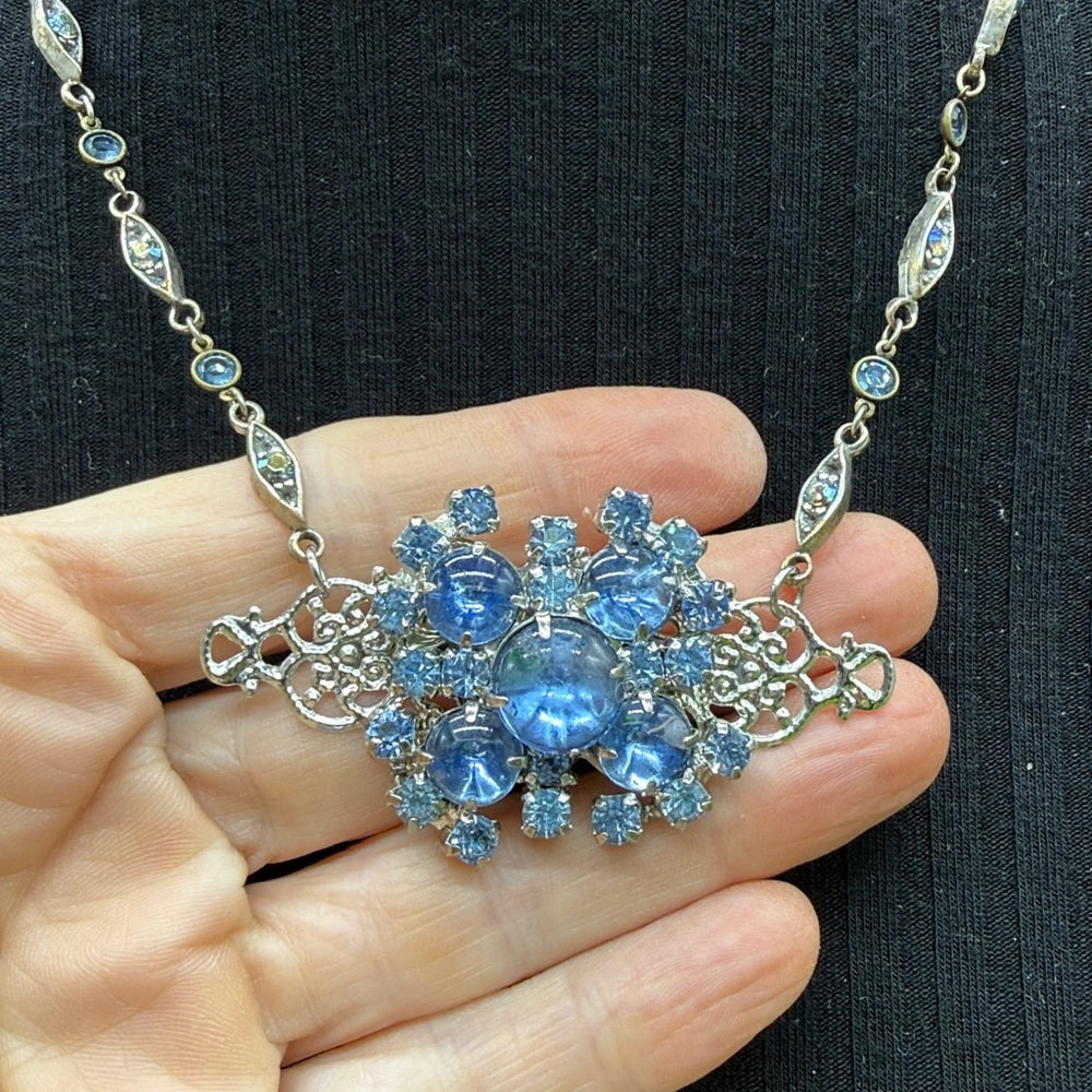 Adorned Crown Jewelry assemblage rhinestone blue cluster filigree necklace