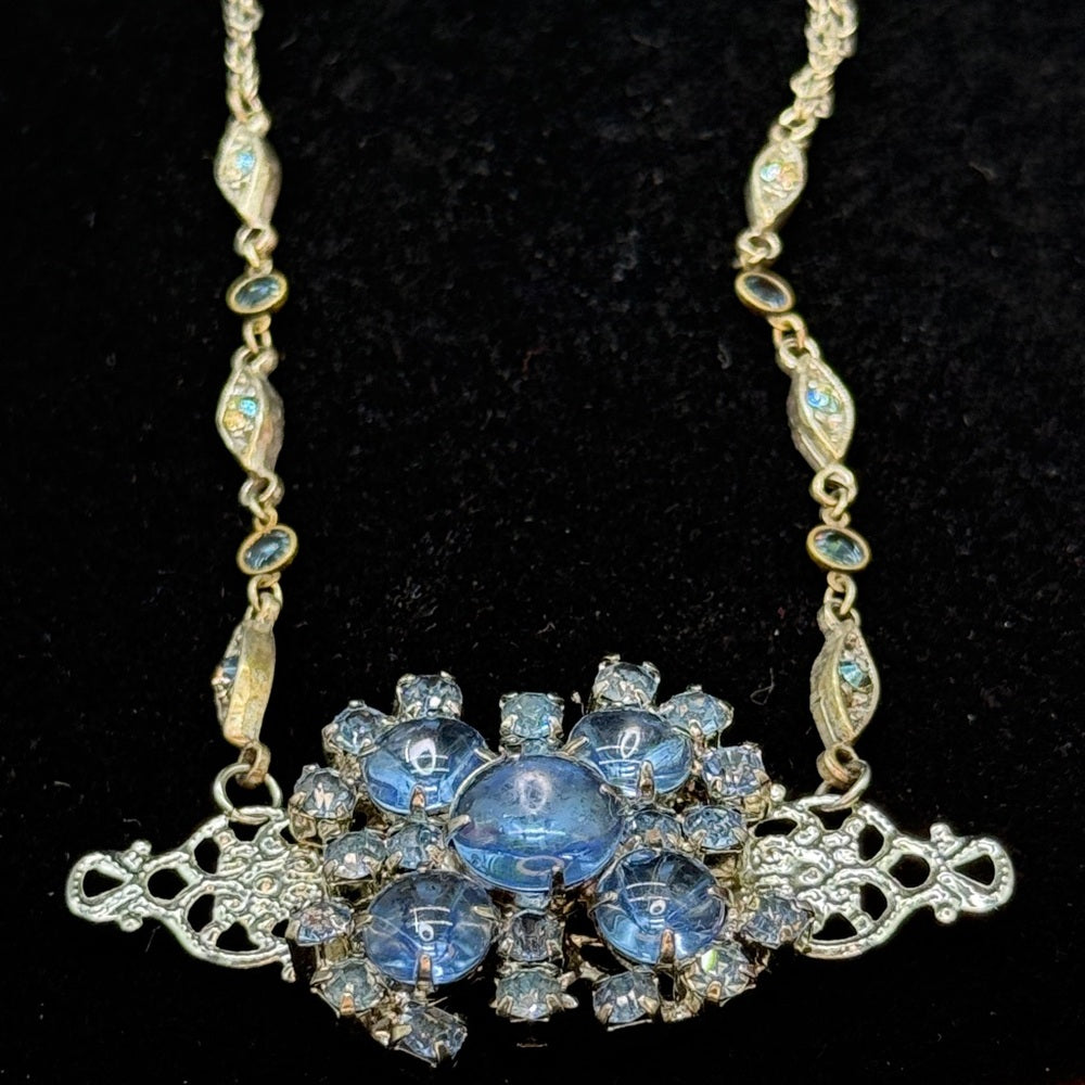 Adorned Crown Jewelry assemblage rhinestone blue cluster filigree necklace