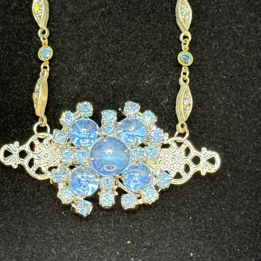 Adorned Crown Jewelry assemblage rhinestone blue cluster filigree necklace