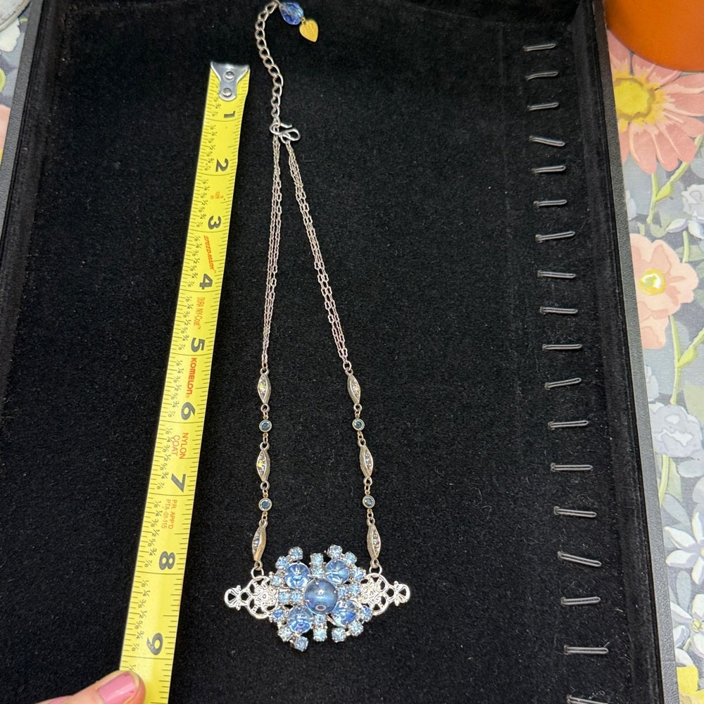Adorned Crown Jewelry assemblage rhinestone blue cluster filigree necklace