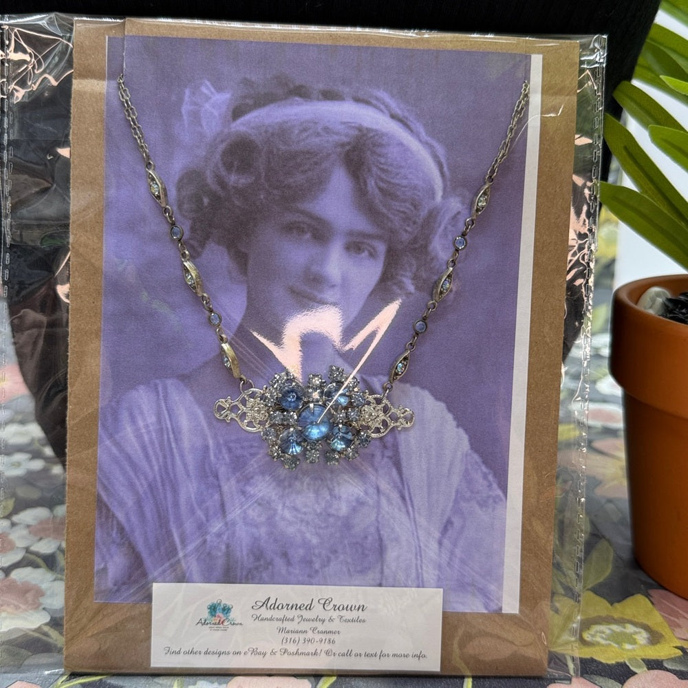 Adorned Crown Jewelry assemblage rhinestone blue cluster filigree necklace