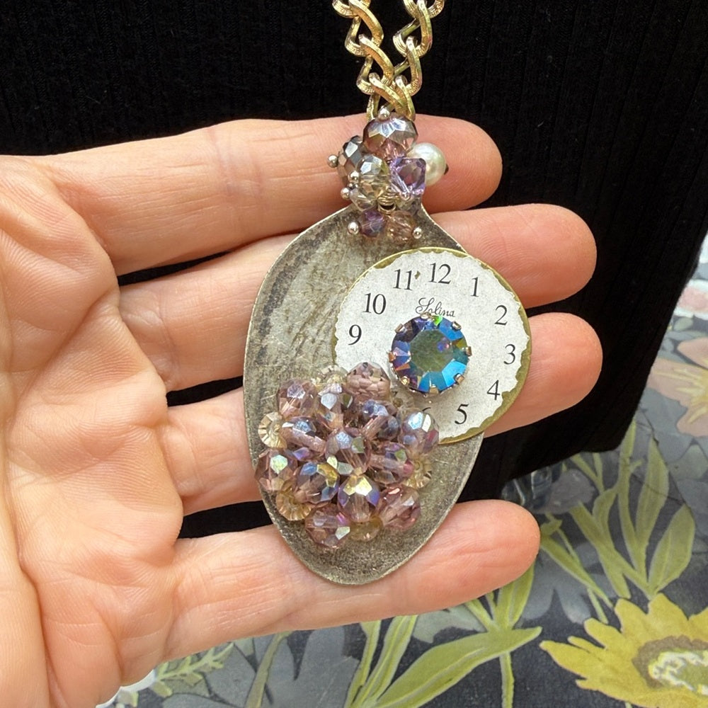 Adorned Crown Jewelry assemblage spoon watch purple cluster necklace