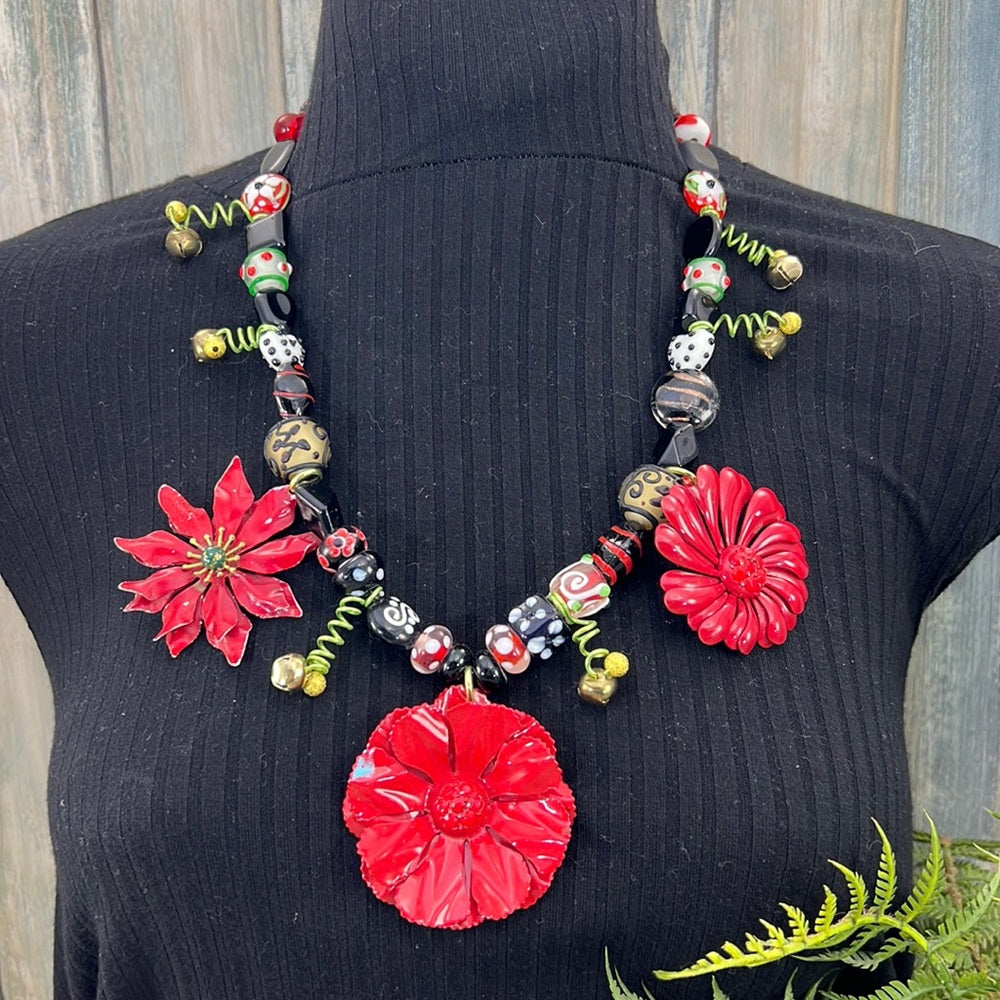 Adorned Crown Artisan Assemblage jingle bell poinsettia Christmas necklace