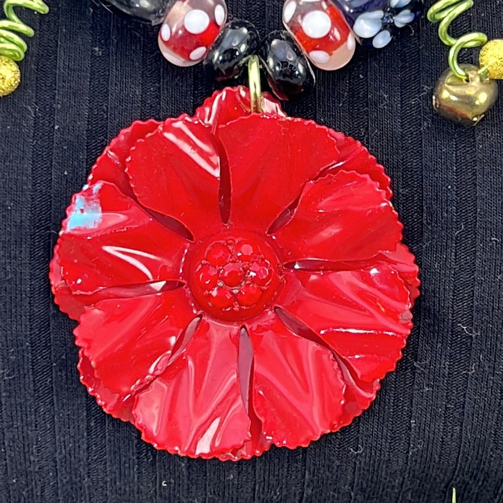 Adorned Crown Artisan Assemblage jingle bell poinsettia Christmas necklace
