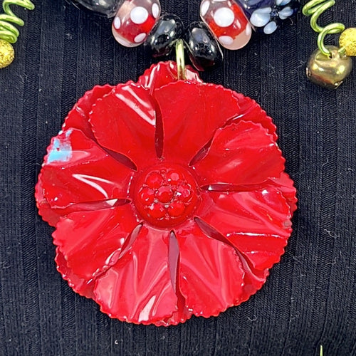 Adorned Crown Artisan Assemblage jingle bell poinsettia Christmas necklace