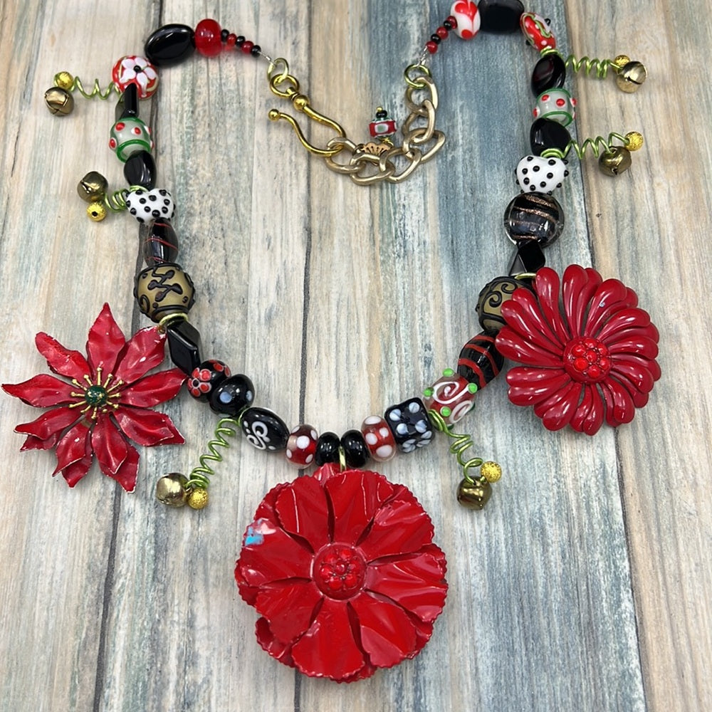 Adorned Crown Artisan Assemblage jingle bell poinsettia Christmas necklace