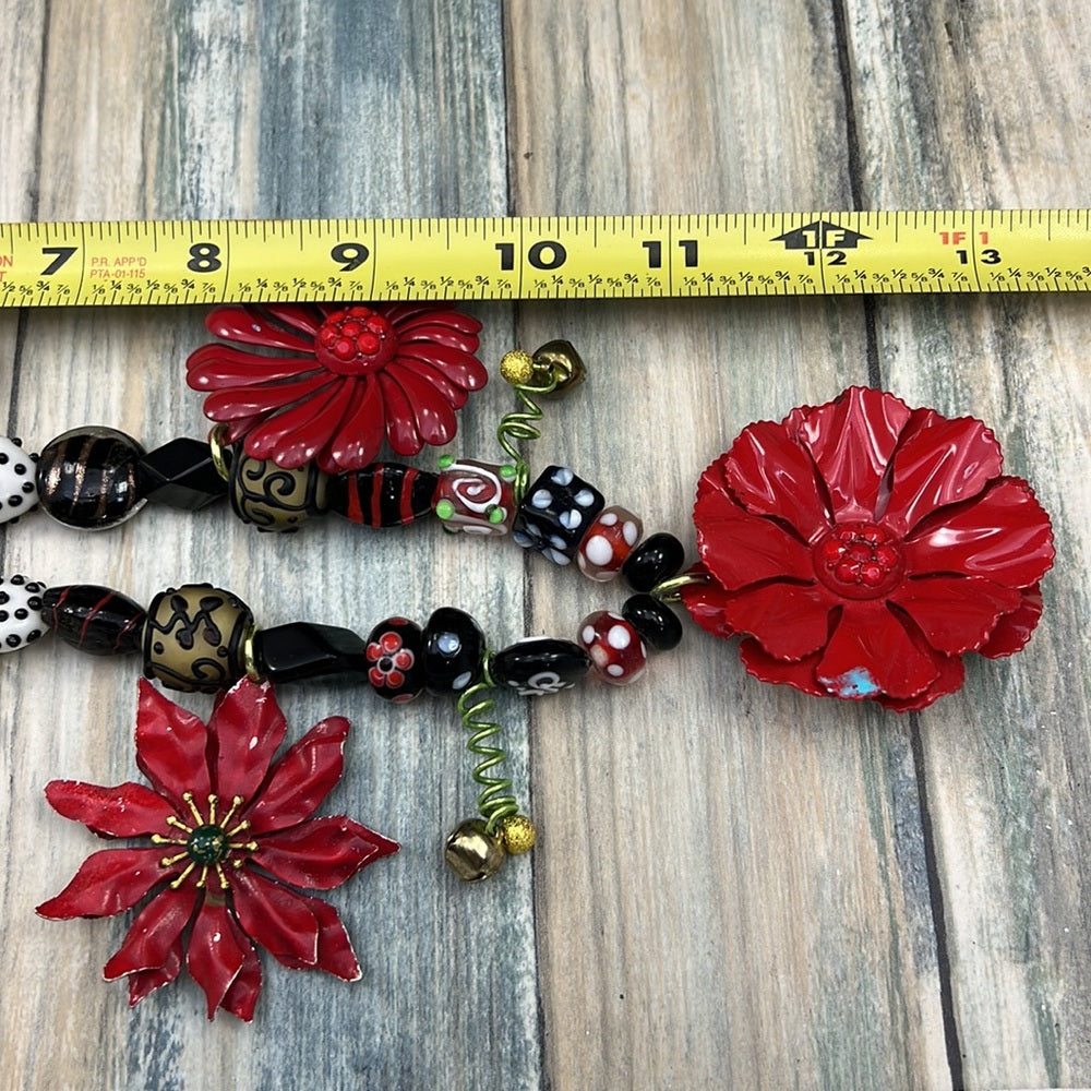 Adorned Crown Artisan Assemblage jingle bell poinsettia Christmas necklace
