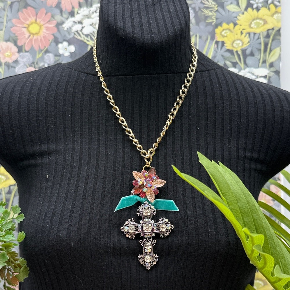 Adorned Crown Jewelry assemblage rhinestone cross pink cluster necklace