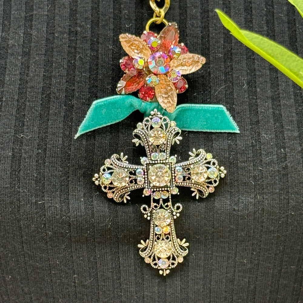 Adorned Crown Jewelry assemblage rhinestone cross pink cluster necklace