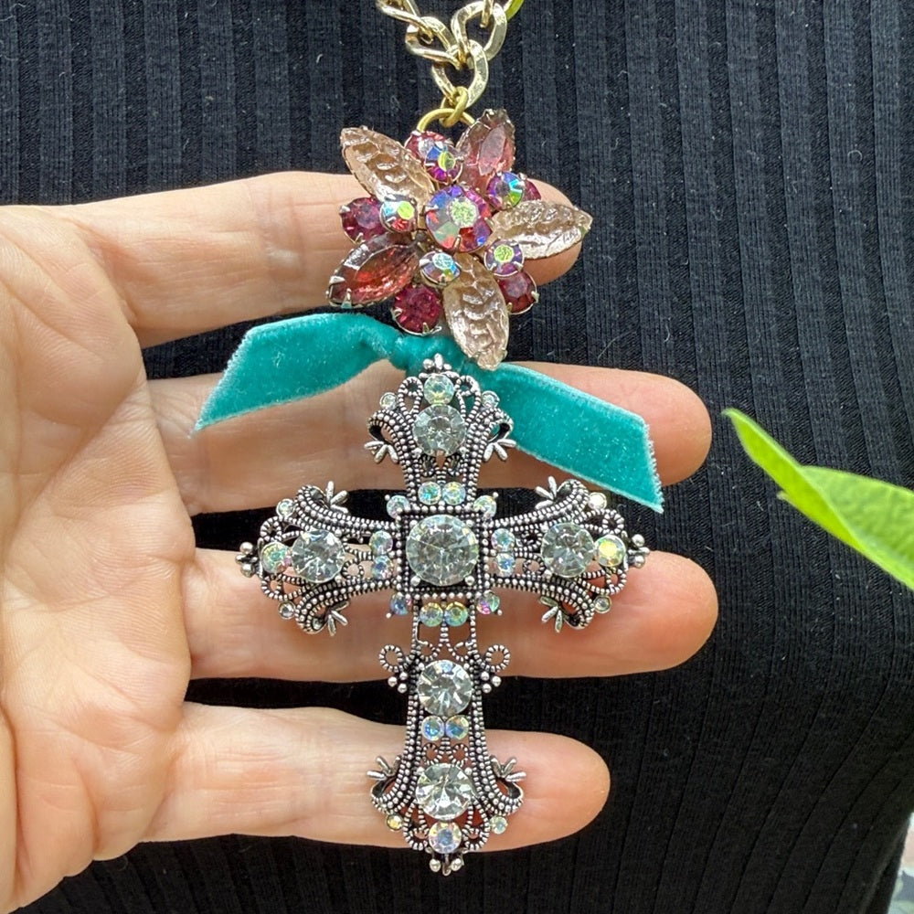 Adorned Crown Jewelry assemblage rhinestone cross pink cluster necklace