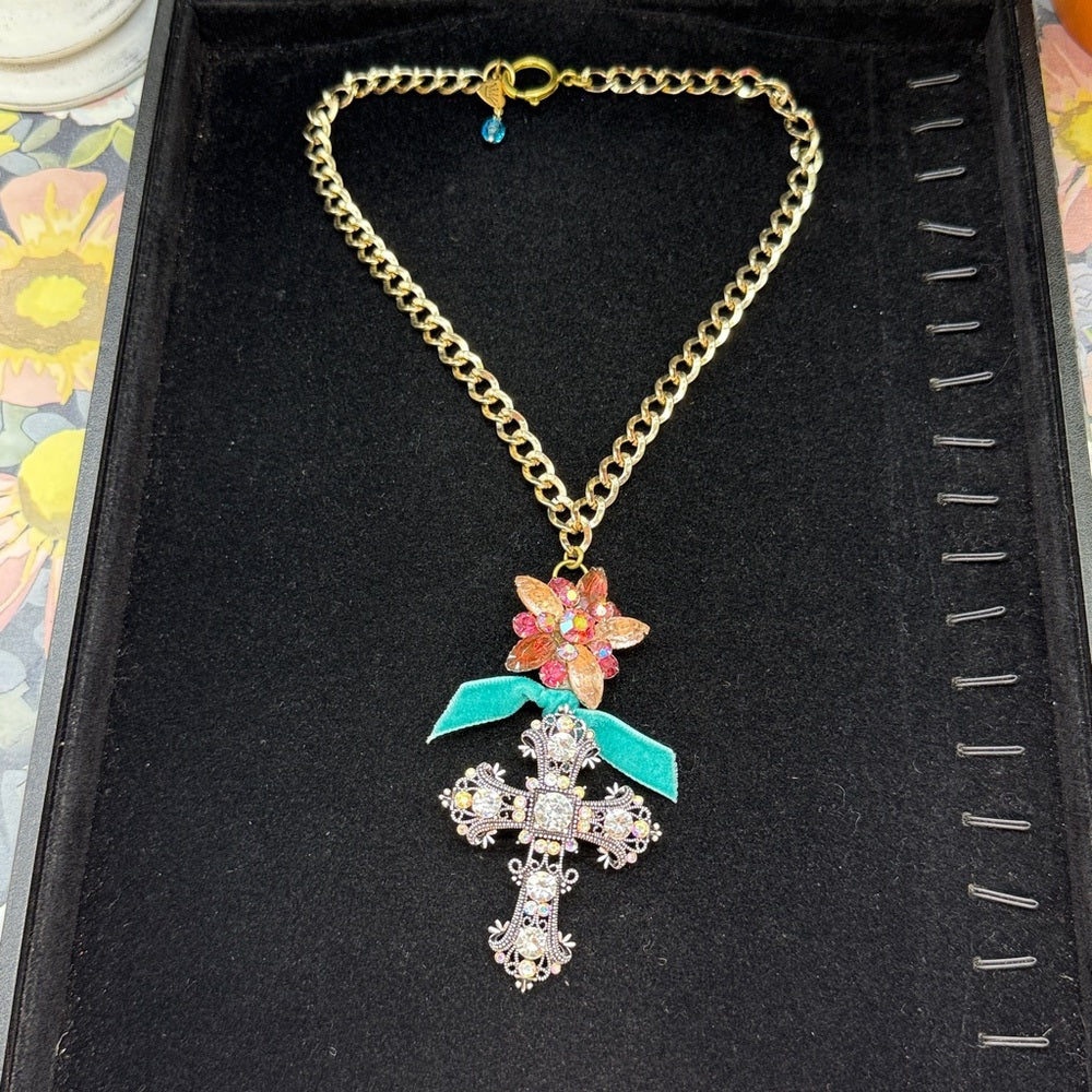 Adorned Crown Jewelry assemblage rhinestone cross pink cluster necklace