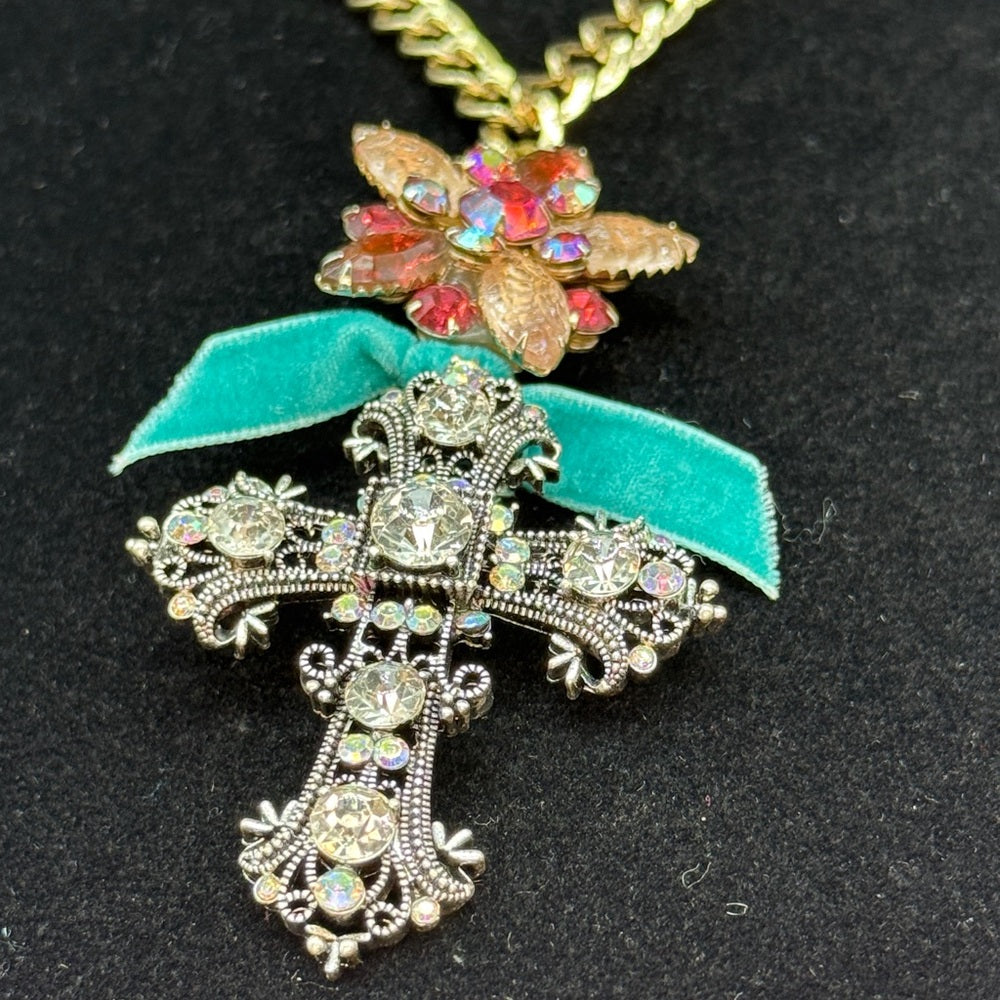 Adorned Crown Jewelry assemblage rhinestone cross pink cluster necklace