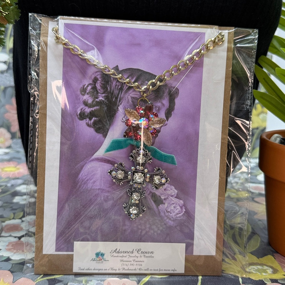 Adorned Crown Jewelry assemblage rhinestone cross pink cluster necklace