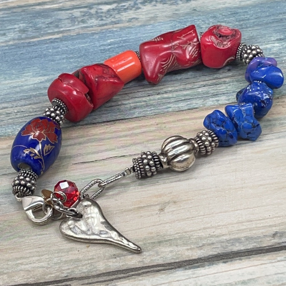 Adorned Crown Artisan assemblage coral stone Hammered Heart Charm bracelet
