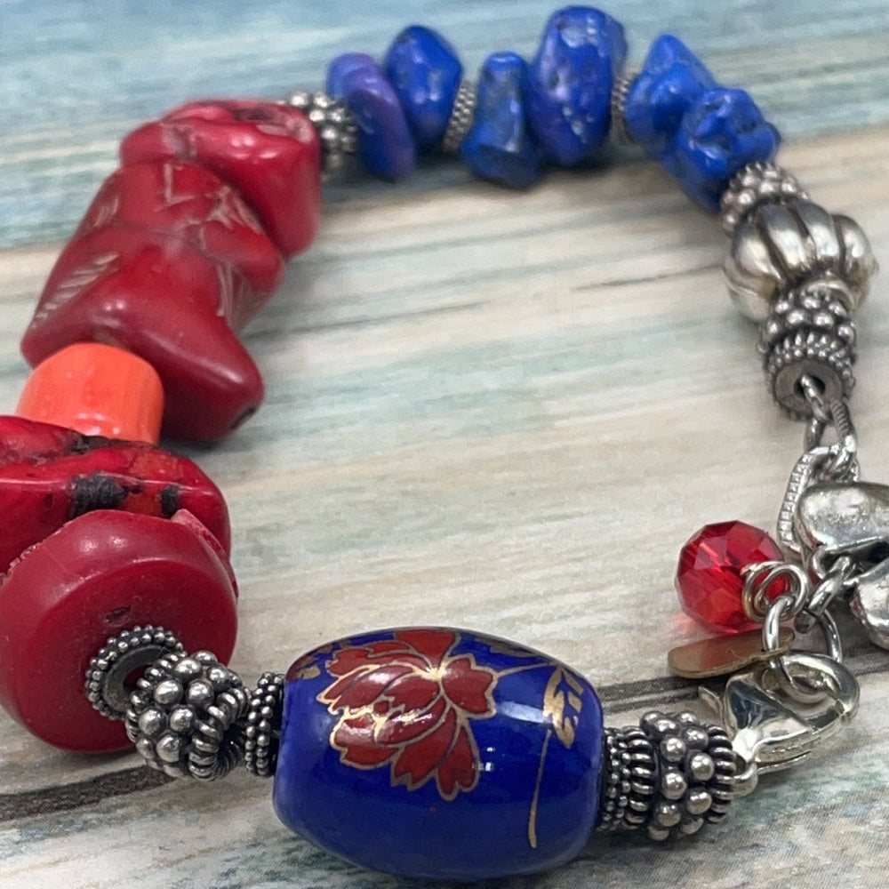 Adorned Crown Artisan assemblage coral stone Hammered Heart Charm bracelet