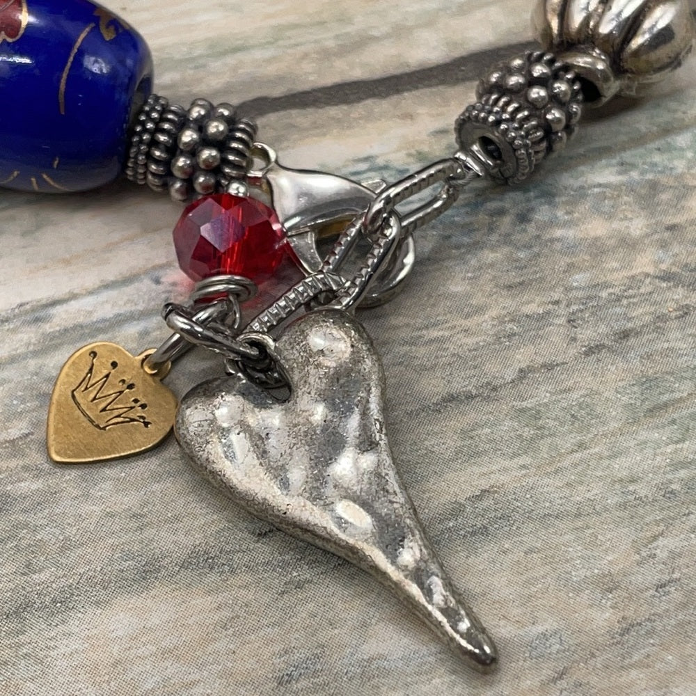 Adorned Crown Artisan assemblage coral stone Hammered Heart Charm bracelet