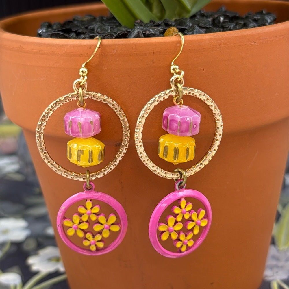 Adorned Crown pink and yellow flower circle bead earrings