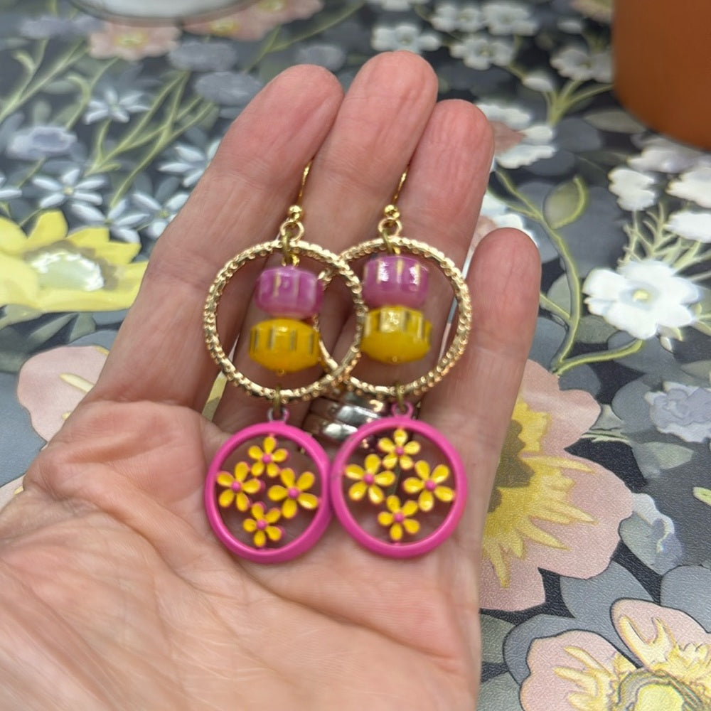 Adorned Crown pink and yellow flower circle bead earrings