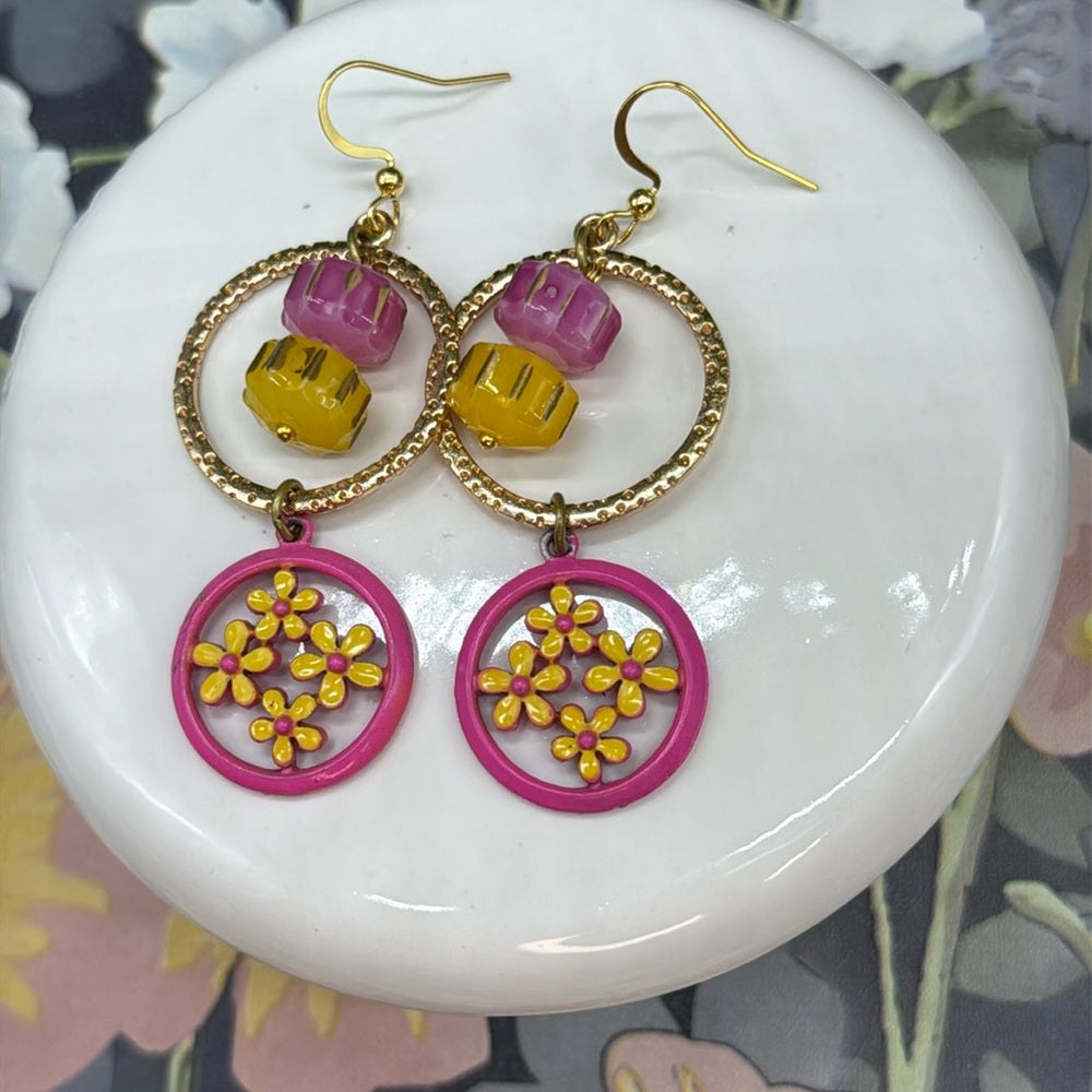 Adorned Crown pink and yellow flower circle bead earrings