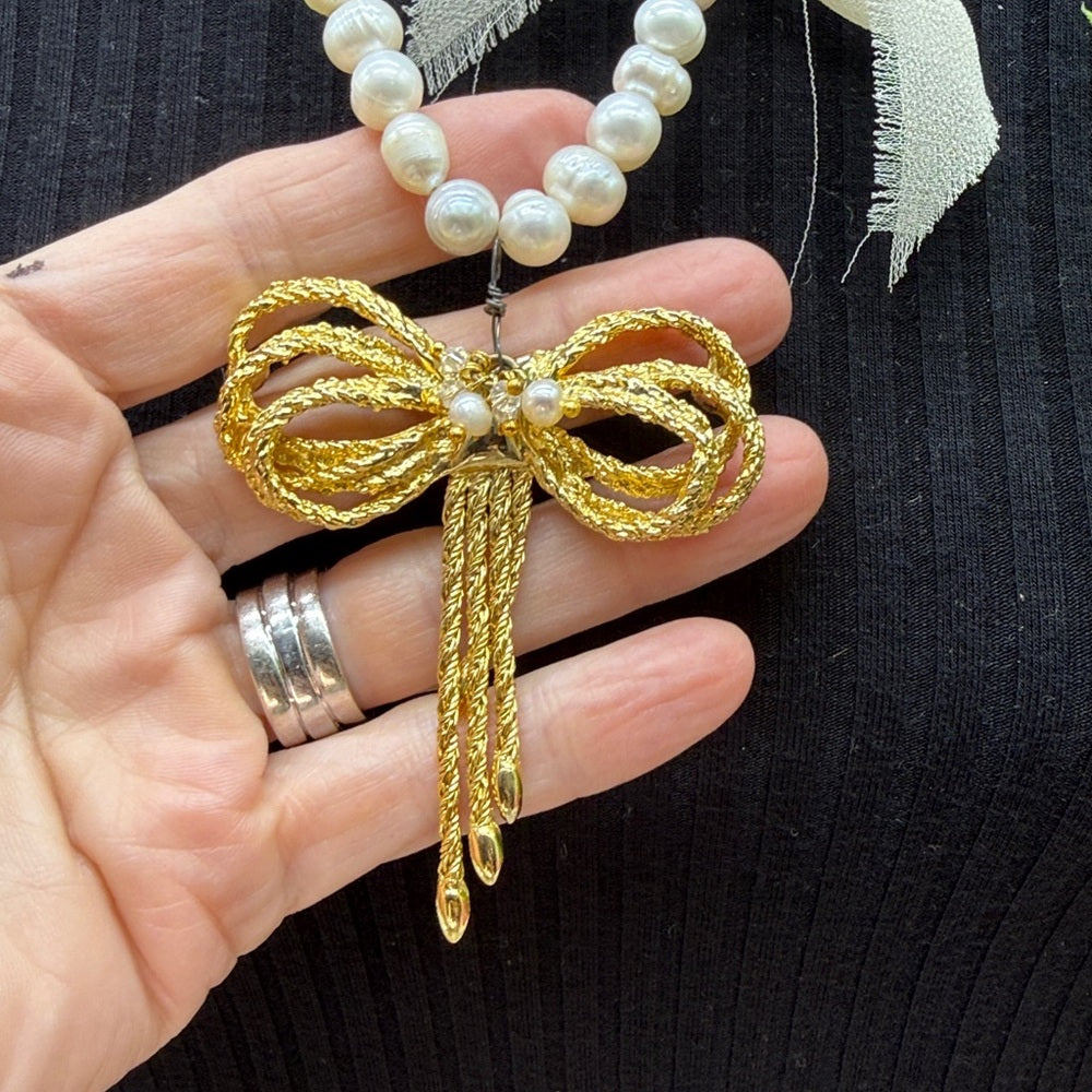 Adorned Crown Jewelry assemblage pearl gold bow necklace