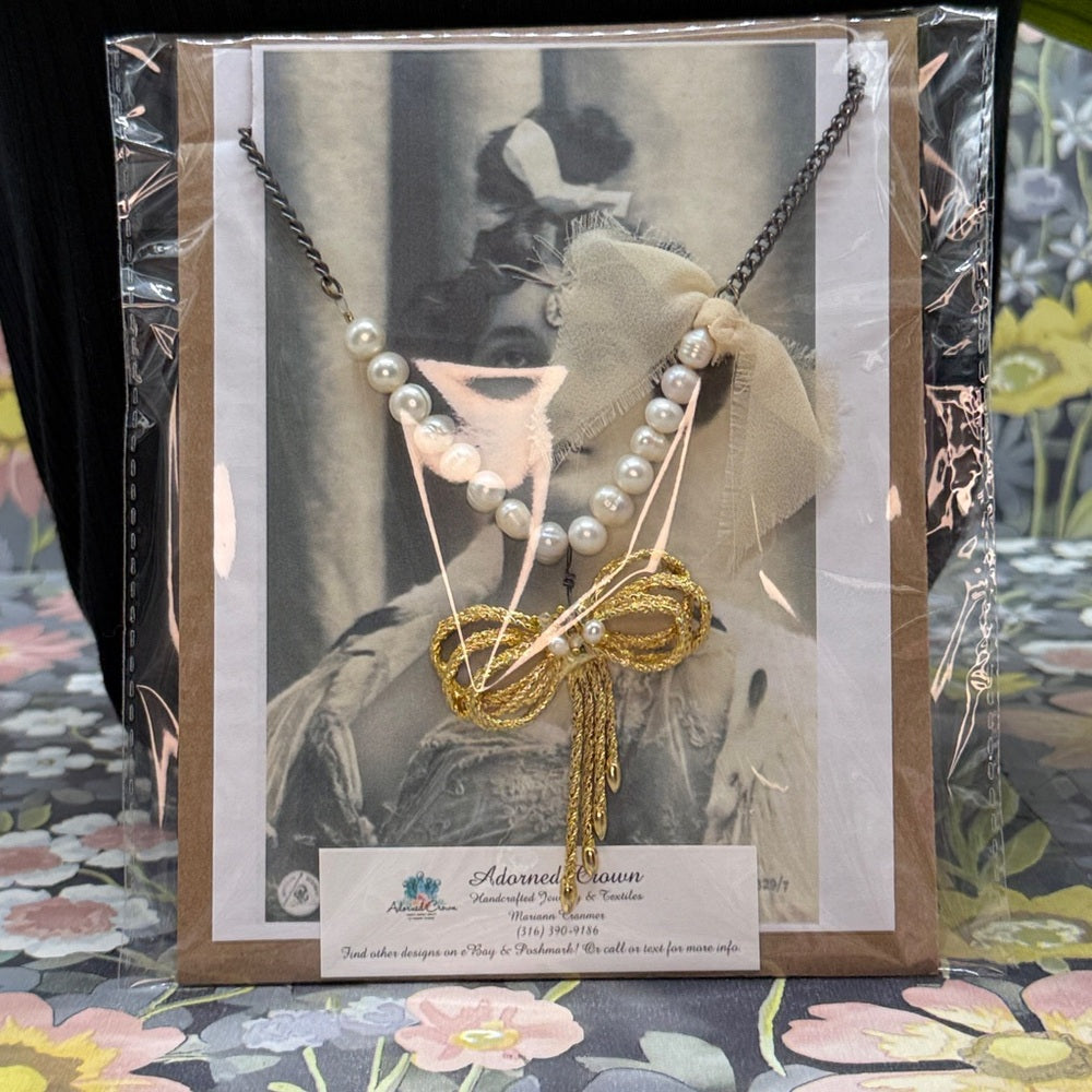 Adorned Crown Jewelry assemblage pearl gold bow necklace