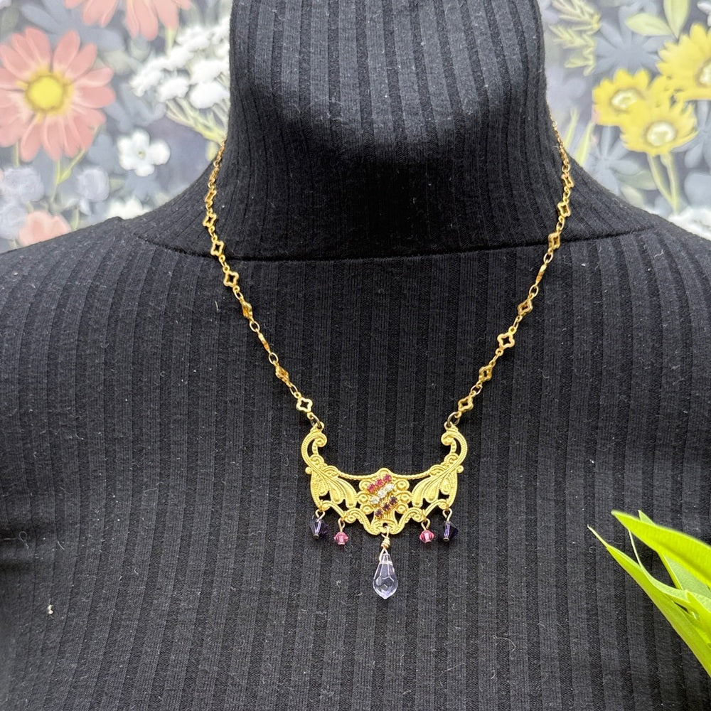 Adorned Crown Jewelry assemblage petite filigree pink purple crystal necklace