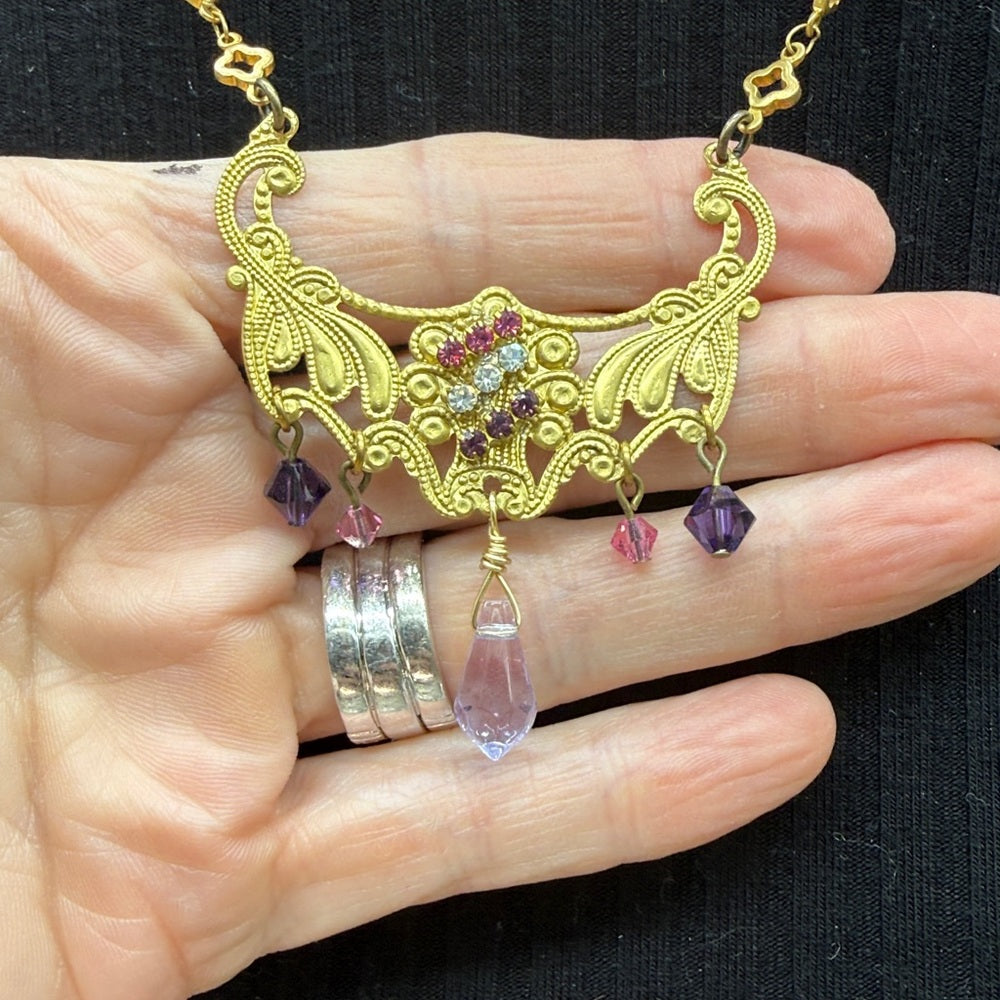 Adorned Crown Jewelry assemblage petite filigree pink purple crystal necklace