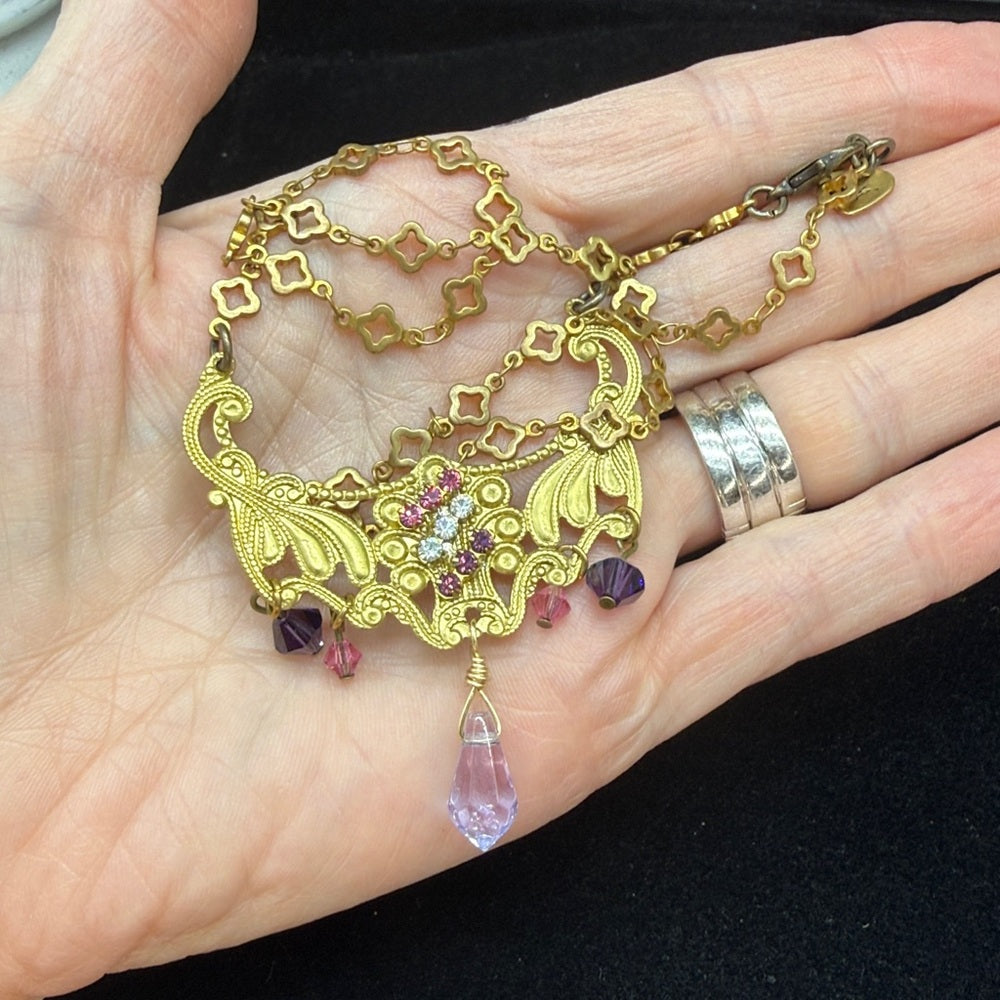 Adorned Crown Jewelry assemblage petite filigree pink purple crystal necklace