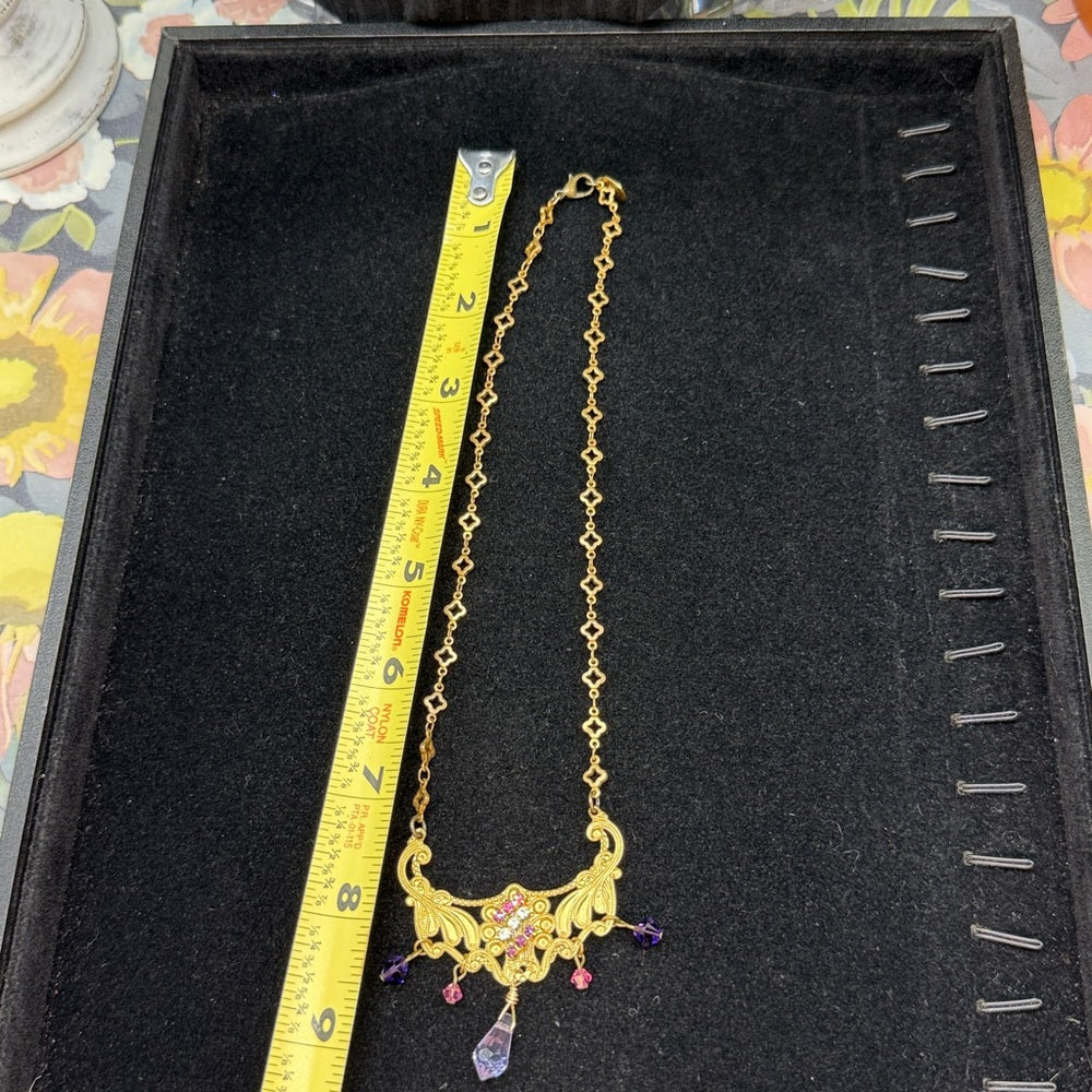 Adorned Crown Jewelry assemblage petite filigree pink purple crystal necklace