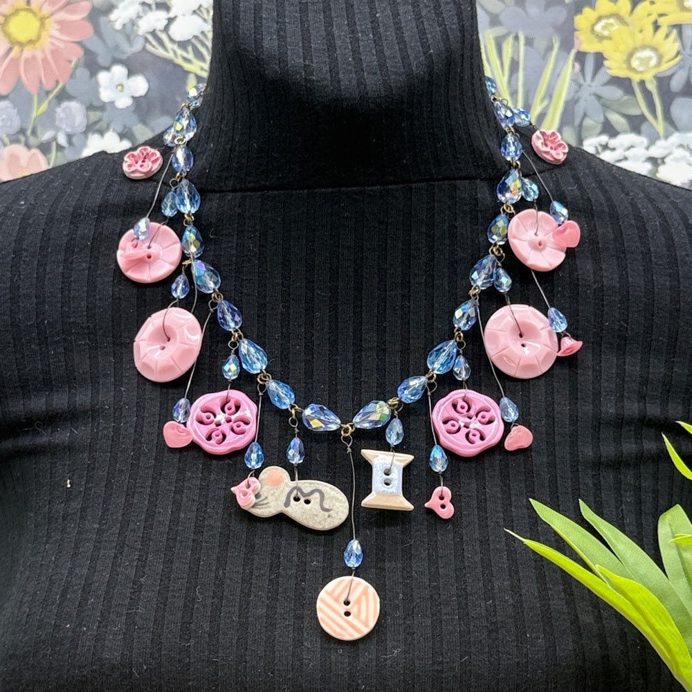 Adorned Crown Jewelry assemblage vintage button crystal Cinderella necklace