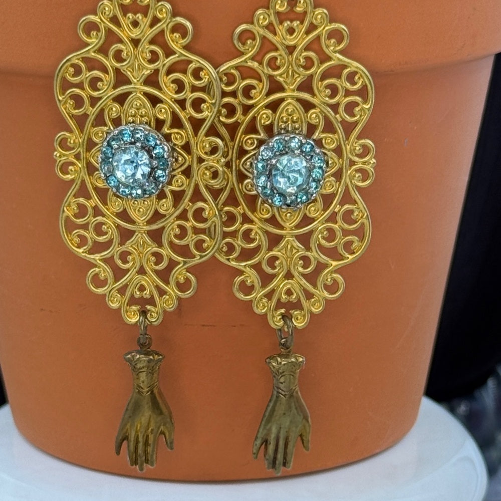 Adorned Crown Jewelry assemblage blue rhinestone hand filigree earrings