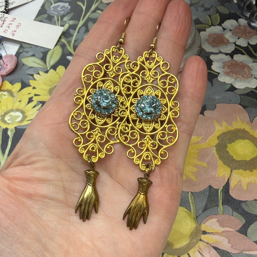 Adorned Crown Jewelry assemblage blue rhinestone hand filigree earrings