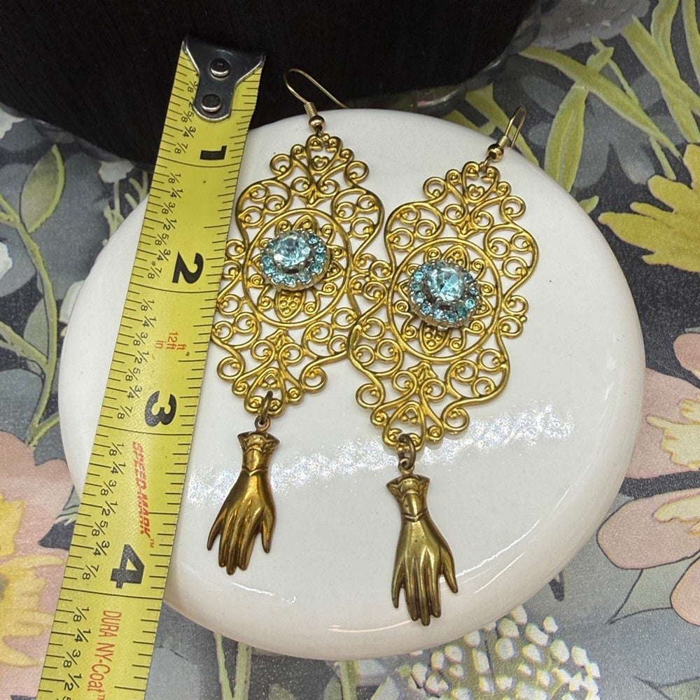Adorned Crown Jewelry assemblage blue rhinestone hand filigree earrings