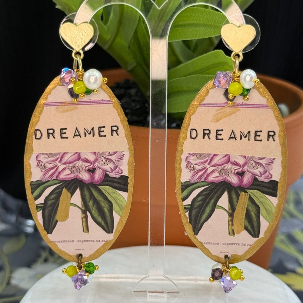 Adorned Crown Jewelry assemblage purple dreamer wood collage post earrings