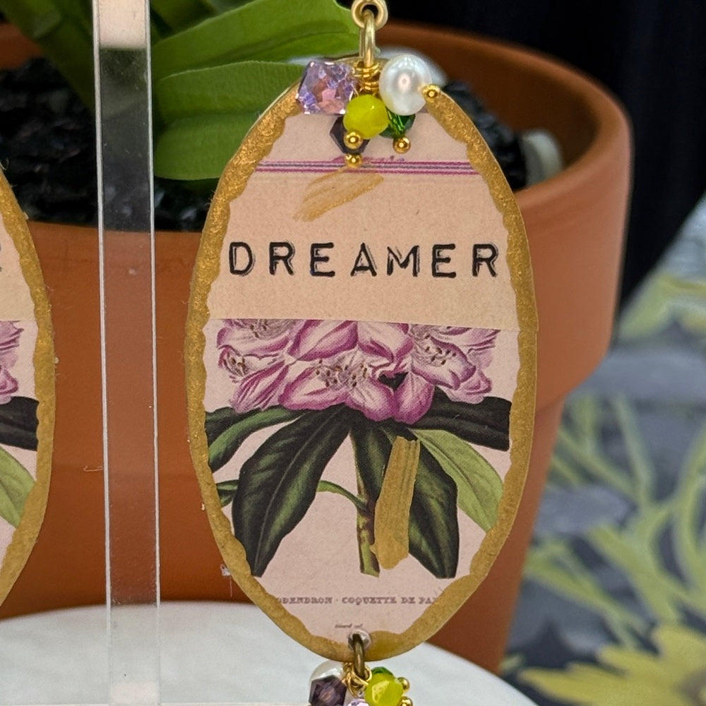 Adorned Crown Jewelry assemblage purple dreamer wood collage post earrings