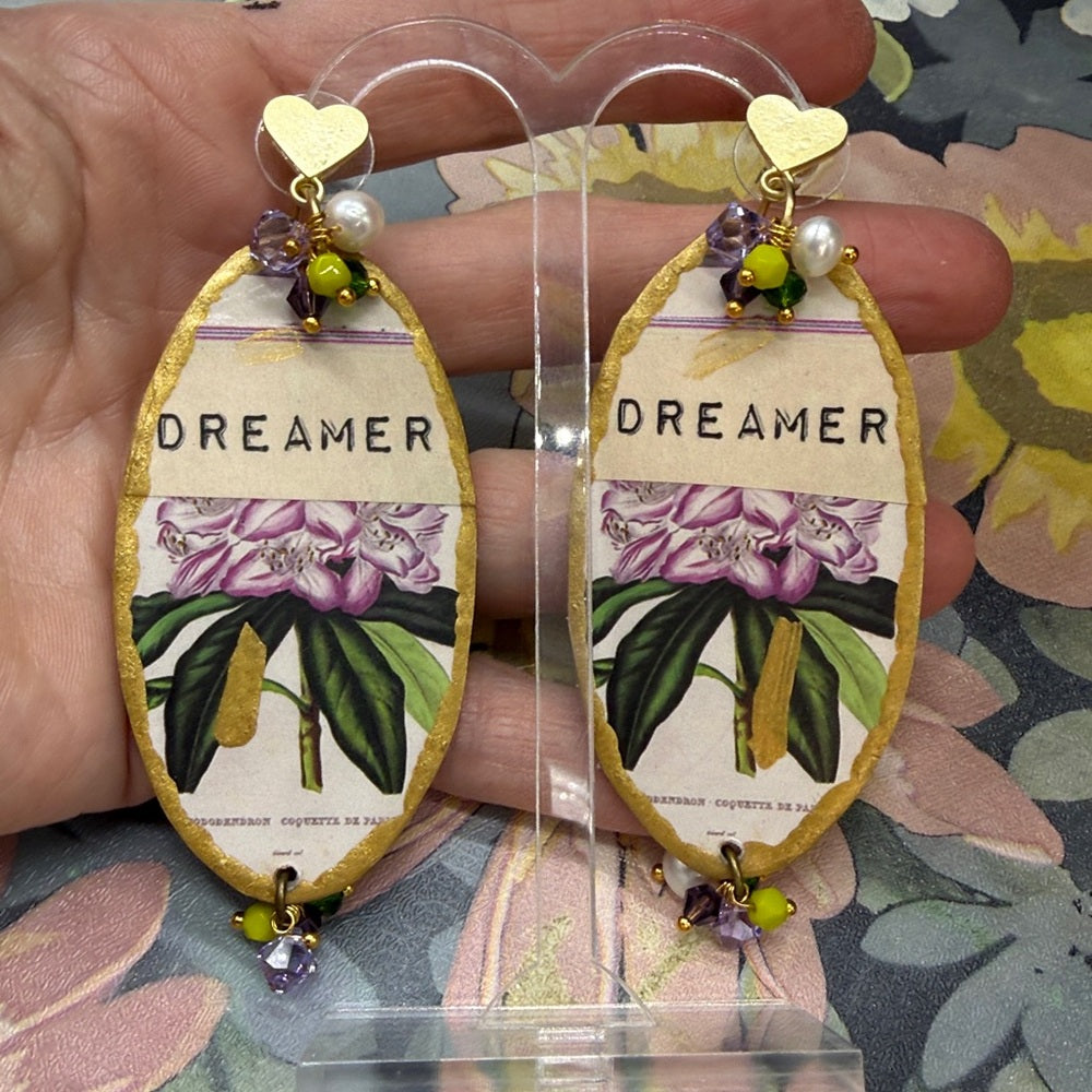 Adorned Crown Jewelry assemblage purple dreamer wood collage post earrings