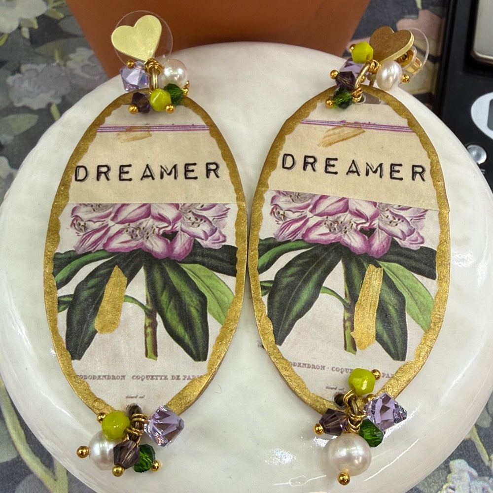 Adorned Crown Jewelry assemblage purple dreamer wood collage post earrings