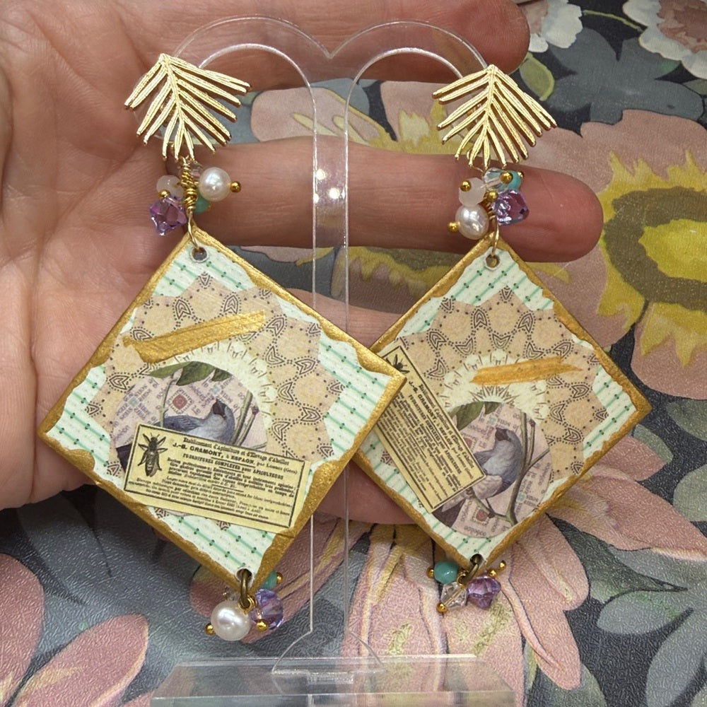 Adorned Crown Jewelry assemblage purple nature wood collage post earrings