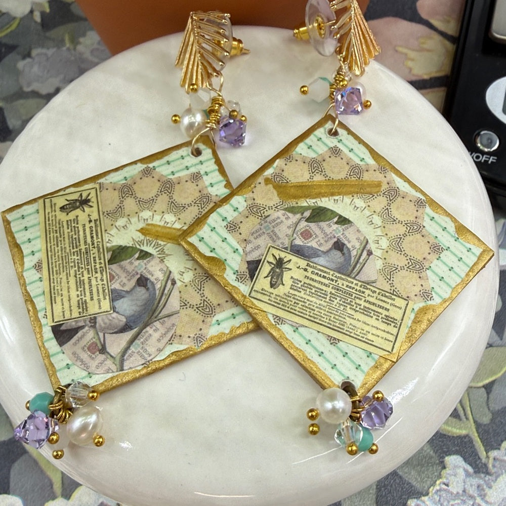 Adorned Crown Jewelry assemblage purple nature wood collage post earrings