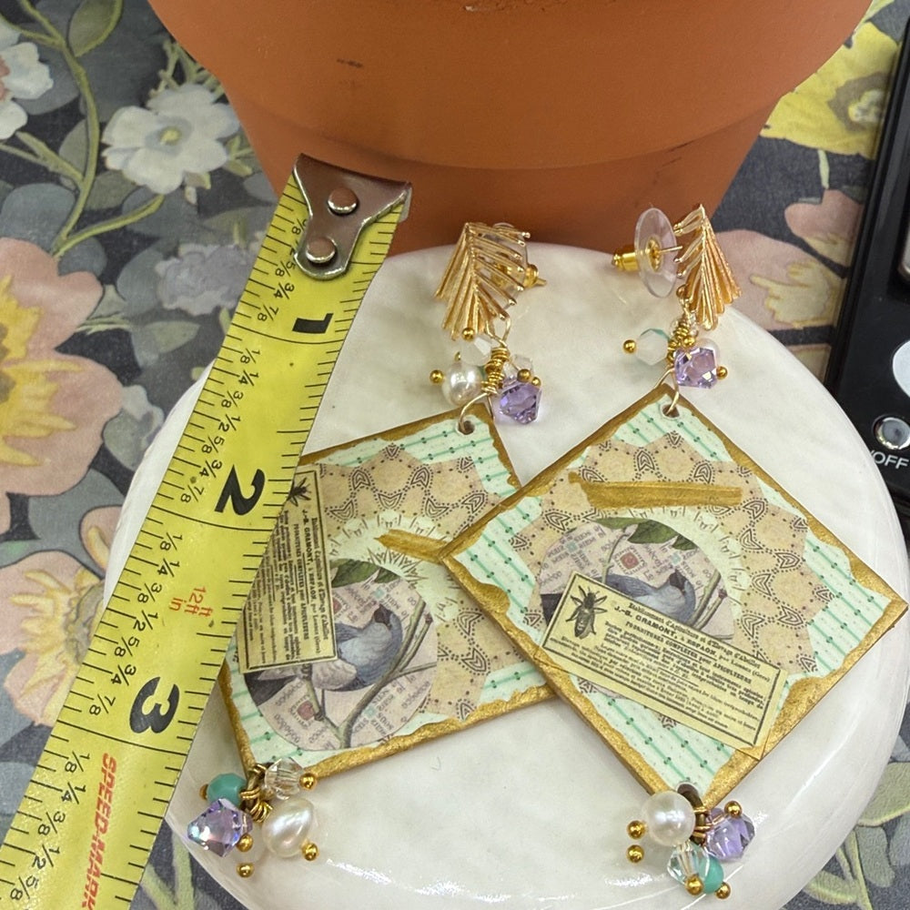 Adorned Crown Jewelry assemblage purple nature wood collage post earrings