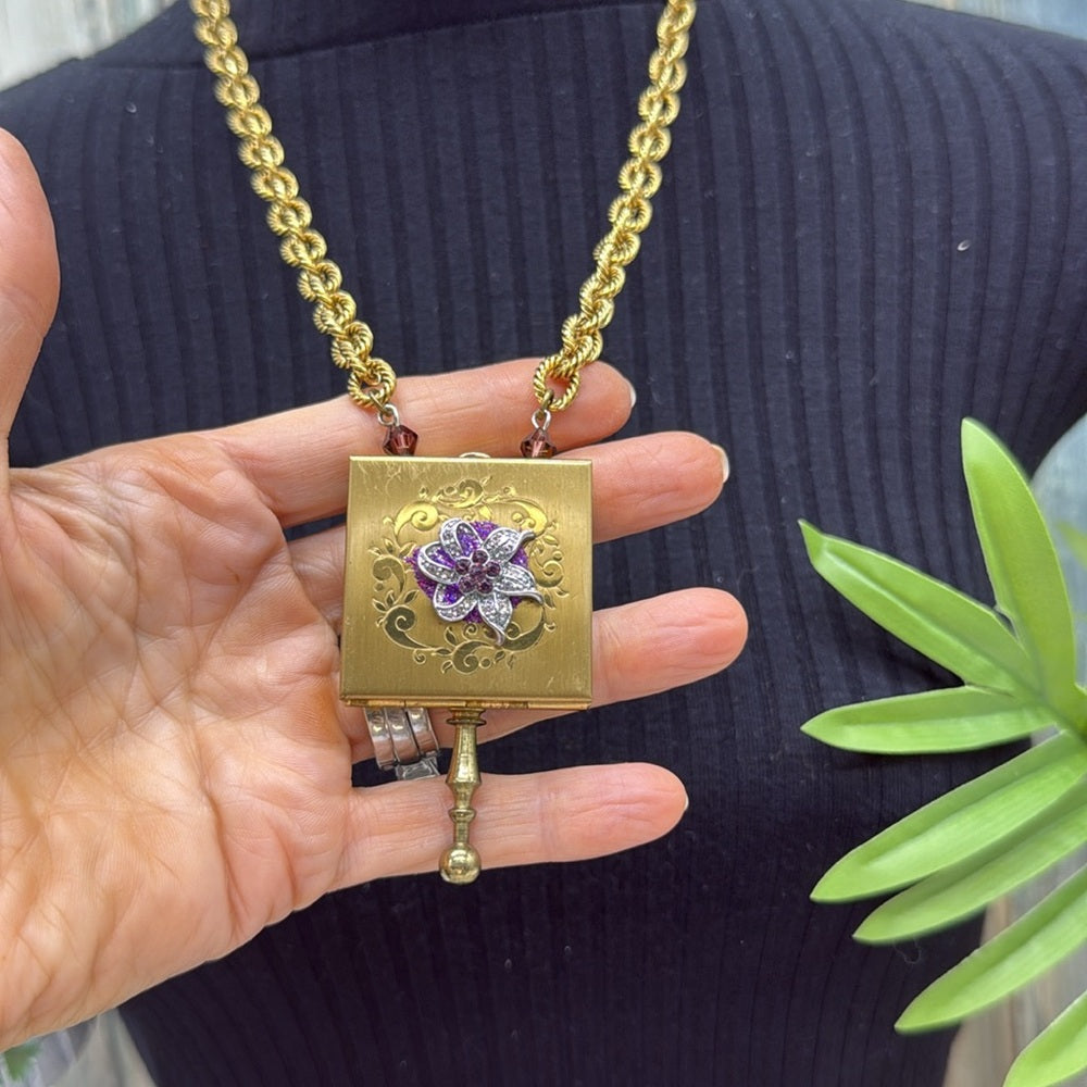 Adorned Crown Jewelry vintage case pendant amethyst cross enclosed necklace