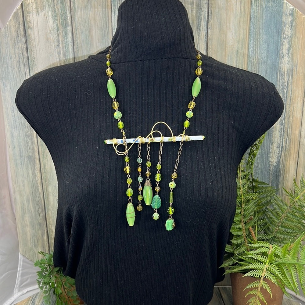 Adorned Crown Artisan Assemblage cloisonné bar green bead drop necklace