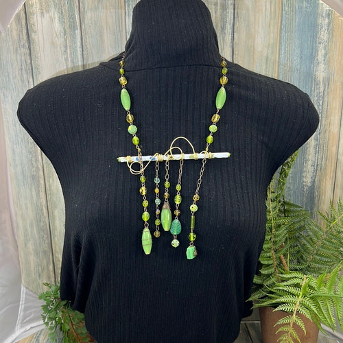 Adorned Crown Artisan Assemblage cloisonné bar green bead drop necklace