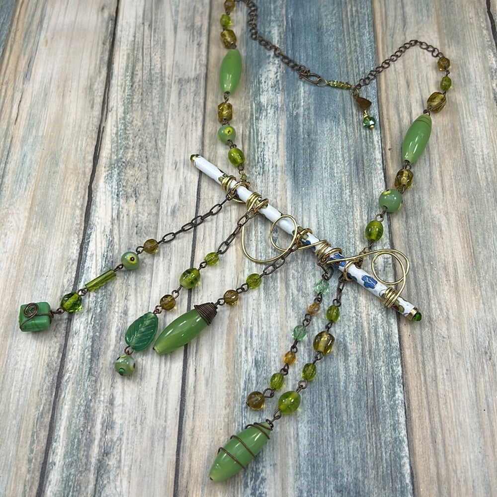 Adorned Crown Artisan Assemblage cloisonné bar green bead drop necklace