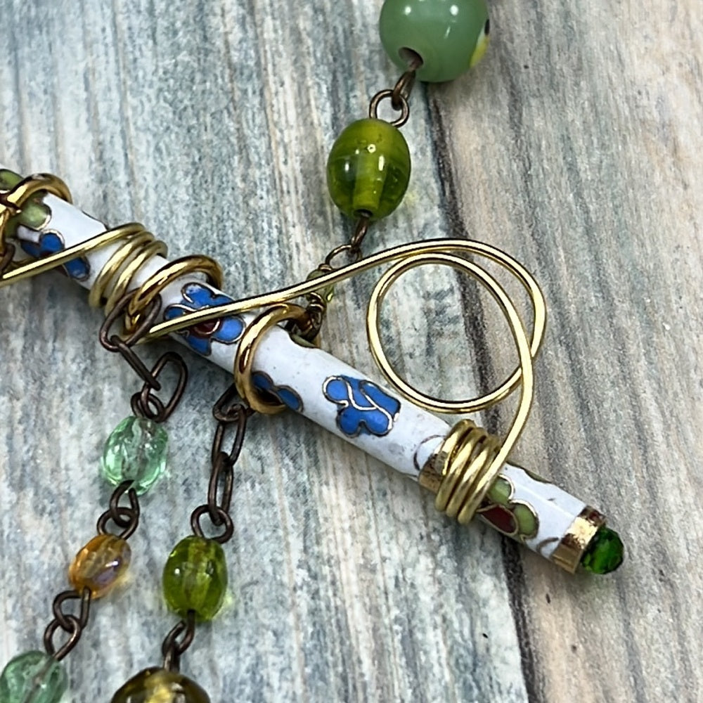 Adorned Crown Artisan Assemblage cloisonné bar green bead drop necklace