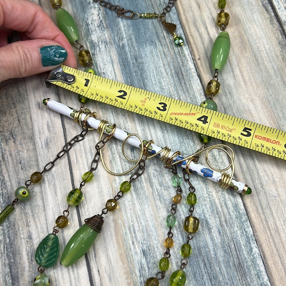 Adorned Crown Artisan Assemblage cloisonné bar green bead drop necklace